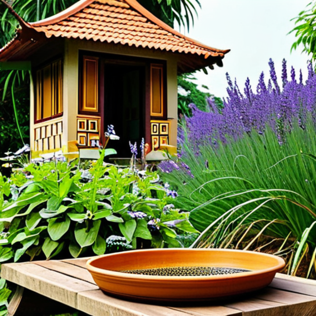 Thriving Garden Scene**
A vibrant Vietnamese garden bursting with colorful flowers and diverse plants. Butterflies flutter around lavender bushes, while bees collect pollen from sunflowers. A small, handmade bamboo bee house hangs from a tree. Water trickles from a terracotta pot into a shallow dish, providing a water source for insects. The garden is pesticide-free and flourishing. safe for work, appropriate content, fully clothed (if people are included, ensure they are fully clothed), professional, perfect anatomy, natural proportions, high quality.
**