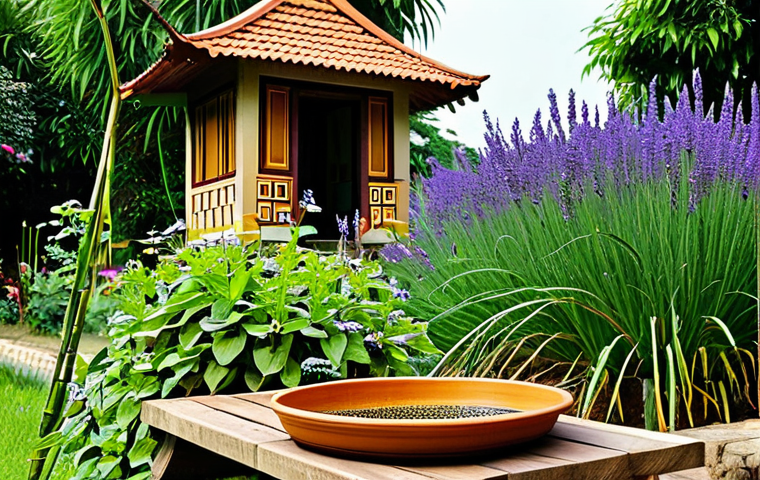 Thriving Garden Scene**
A vibrant Vietnamese garden bursting with colorful flowers and diverse plants. Butterflies flutter around lavender bushes, while bees collect pollen from sunflowers. A small, handmade bamboo bee house hangs from a tree. Water trickles from a terracotta pot into a shallow dish, providing a water source for insects. The garden is pesticide-free and flourishing. safe for work, appropriate content, fully clothed (if people are included, ensure they are fully clothed), professional, perfect anatomy, natural proportions, high quality.
**
