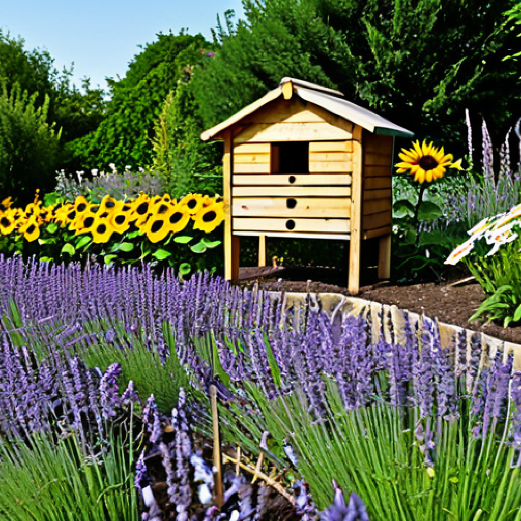 Beneficial Insect Haven**
"A vibrant garden scene showcasing diverse flowers (lavender, daisies, sunflowers) and small wild areas. A simple insect hotel made of wood and bamboo is visible. Bees and butterflies are flitting around. Fully clothed gardener tending to the plants. Safe for work. Appropriate content. Perfect anatomy, correct proportions, natural pose, well-formed hands, proper finger count, natural body proportions, professional photography, high quality, family-friendly, modest attire."
**