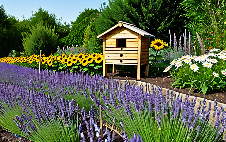 Beneficial Insect Haven**
"A vibrant garden scene showcasing diverse flowers (lavender, daisies, sunflowers) and small wild areas. A simple insect hotel made of wood and bamboo is visible. Bees and butterflies are flitting around. Fully clothed gardener tending to the plants. Safe for work. Appropriate content. Perfect anatomy, correct proportions, natural pose, well-formed hands, proper finger count, natural body proportions, professional photography, high quality, family-friendly, modest attire."
**