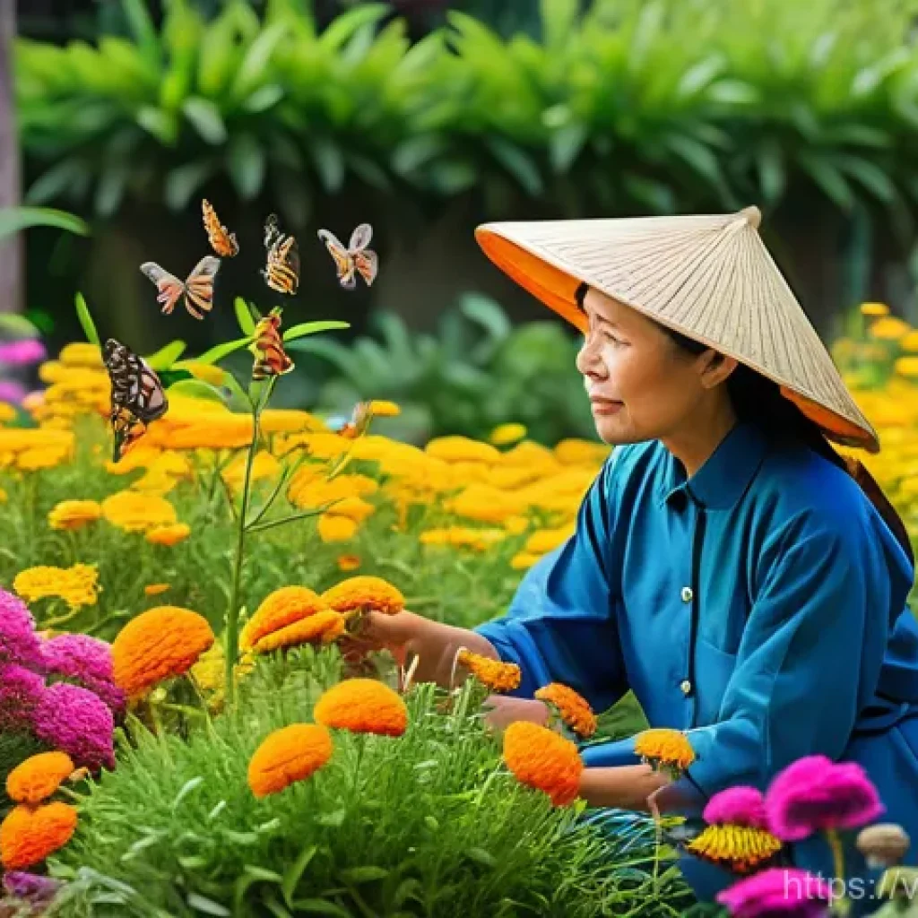 곤충 보호를 위한 정원 활동 - **Prompt: A vibrant and diverse Vietnamese home garden in full bloom, attracting beneficial pollinat...