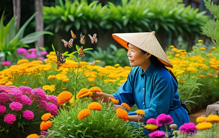 곤충 보호를 위한 정원 활동 - **Prompt: A vibrant and diverse Vietnamese home garden in full bloom, attracting beneficial pollinat...