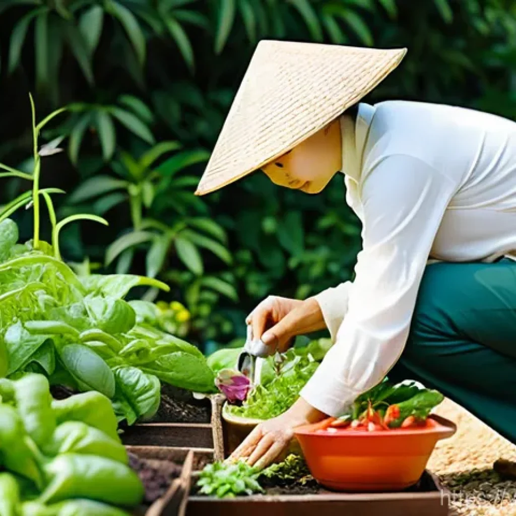 곤충을 위한 자연 재료 활용하기 - **A Vietnamese woman diligently caring for her vibrant home vegetable garden.**
* **Image Desc...