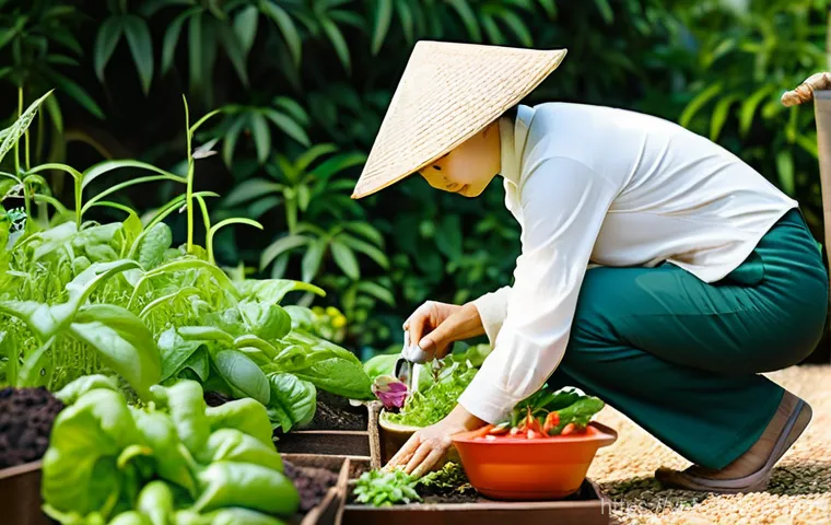 곤충을 위한 자연 재료 활용하기 - **A Vietnamese woman diligently caring for her vibrant home vegetable garden.**
* **Image Desc...