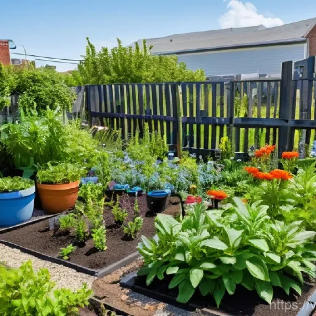 곤충 친화 정원에서의 커뮤니티 가든 - **Urban Community Pollinator Garden:** A vibrant, sun-drenched community garden nestled within a bus...