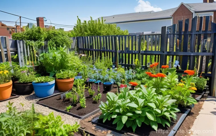 곤충 친화 정원에서의 커뮤니티 가든 - **Urban Community Pollinator Garden:** A vibrant, sun-drenched community garden nestled within a bus...