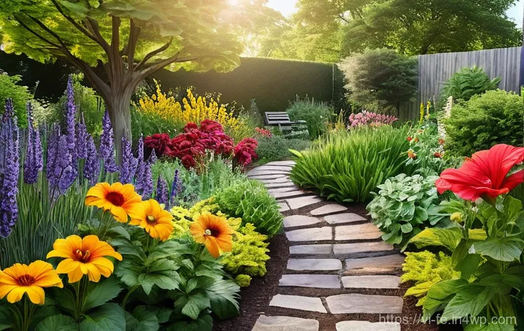 곤충 친화 정원 조성을 위한 기초 지식 - **Prompt:** A vibrant, sun-drenched garden teeming with life. Diverse flowering plants in various sh...