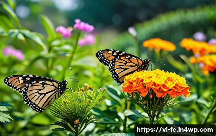 곤충 친화 정원의 디자인 요소 - **A Vibrant Pollinator Paradise Garden in Vietnam:**
A wide shot of a lush, diverse Vietnamese g...