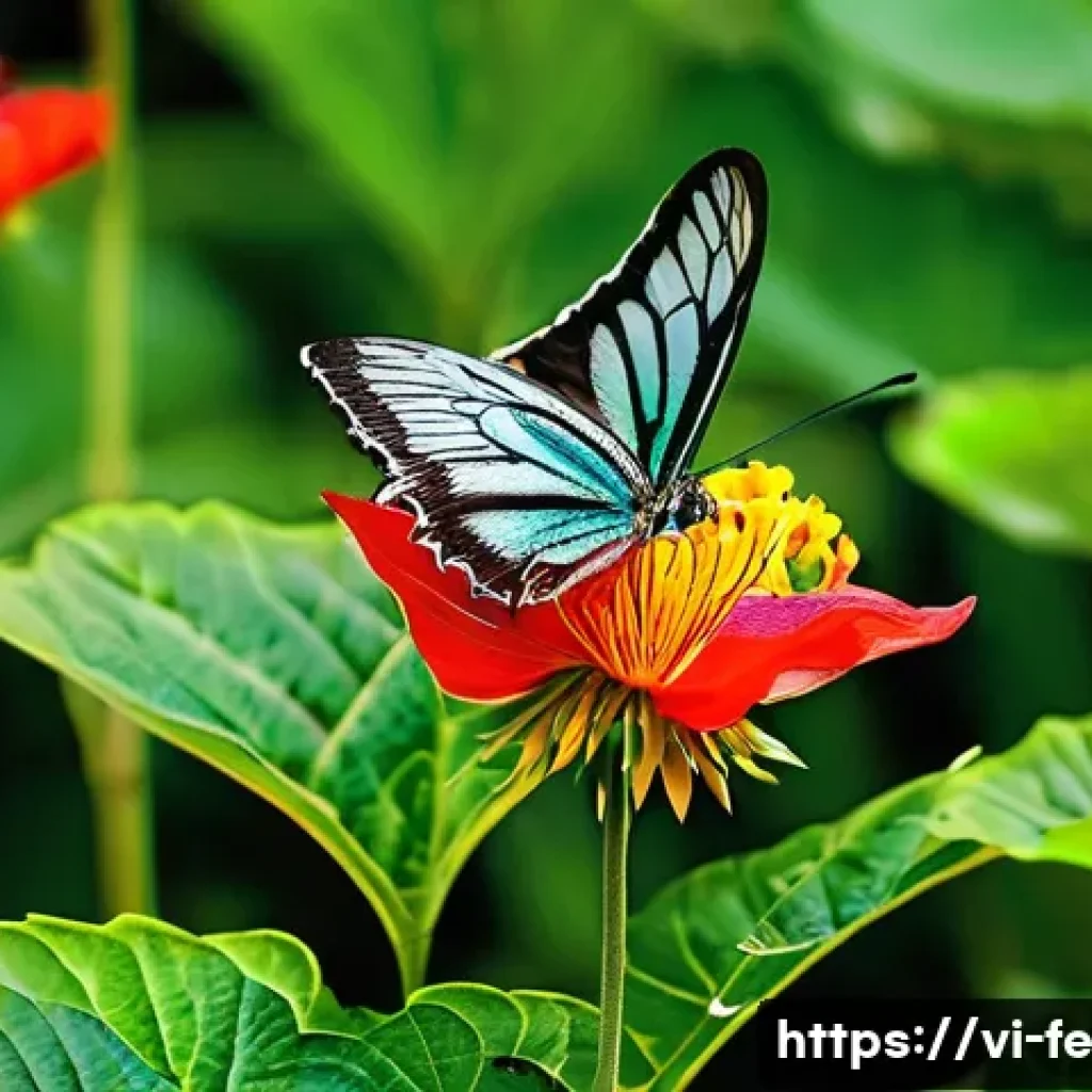 곤충 친화 정원에서의 생태계 회복 전략 - **Prompt:** "A vibrant, lush Vietnamese garden teeming with life. The foreground features a diverse ...