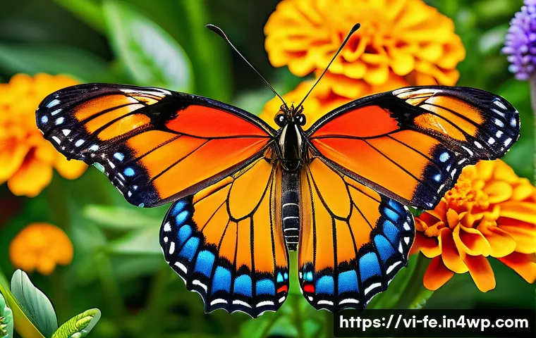 곤충과 함께하는 정원 체험 프로그램 - A vibrant garden scene in Vietnam featuring a colorful butterfly with intricate, vivid wings flutter...