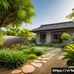 Home 21 곤충 친화 정원 조성을 위한 정책 제안 - A vibrant Vietnamese native garden in a suburban backyard featuring local plants like ngũ sắc flower...