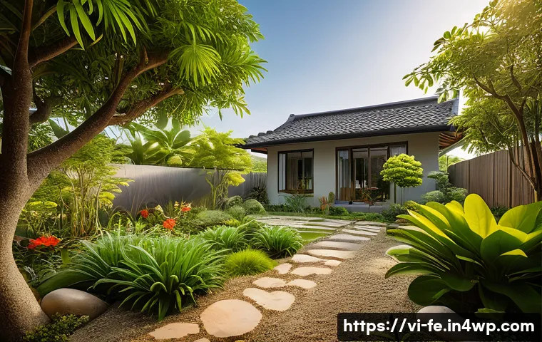 곤충 친화 정원 조성을 위한 정책 제안 - A vibrant Vietnamese native garden in a suburban backyard featuring local plants like ngũ sắc flower...