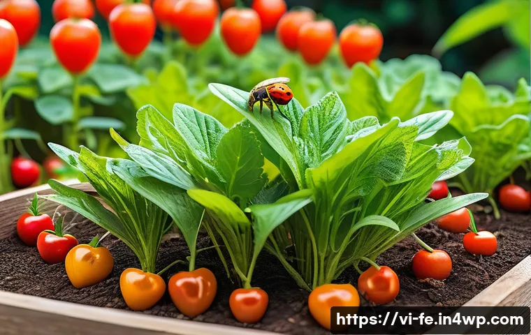 곤충 친화 정원에서의 유기농 재배 - A vibrant organic garden scene in Vietnam featuring diverse beneficial insects: honeybees pollinatin...