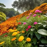 Home 19 곤충 친화 정원 조성을 위한 커뮤니티 참여 - A vibrant Vietnamese garden scene showcasing native flowers such as marigolds (Tagetes), periwinkles...
