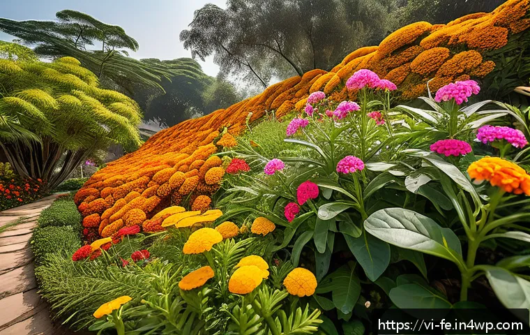곤충 친화 정원 조성을 위한 커뮤니티 참여 - A vibrant Vietnamese garden scene showcasing native flowers such as marigolds (Tagetes), periwinkles...