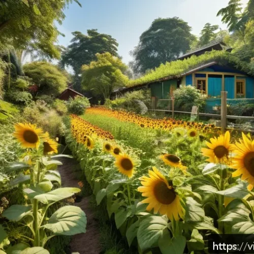 Home 30 곤충을 위한 정원 생태계 복원 - A vibrant ecological garden scene during daytime filled with a diverse array of flowering plants suc...