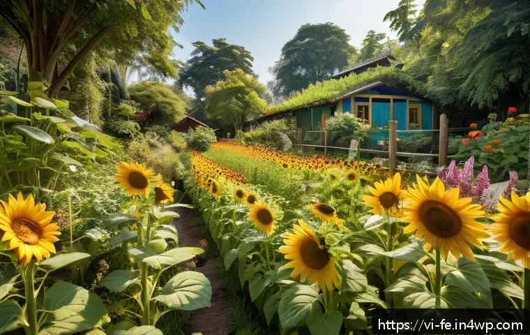 곤충을 위한 정원 생태계 복원 - A vibrant ecological garden scene during daytime filled with a diverse array of flowering plants suc...