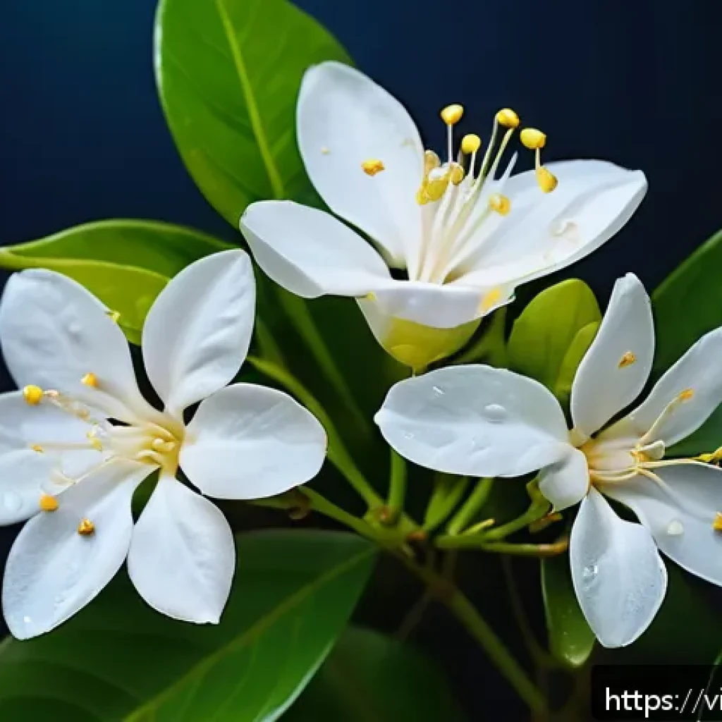 곤충과 공생하는 식물 종류 - A vibrant close-up scene of a Vietnamese jasmine flower blooming at night, illuminated by soft moonl...