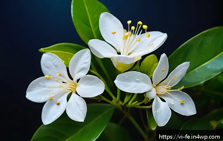 곤충과 공생하는 식물 종류 - A vibrant close-up scene of a Vietnamese jasmine flower blooming at night, illuminated by soft moonl...