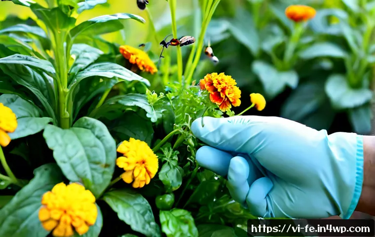 Home 17 곤충 친화 정원에서의 생물학적 방제 - Photorealistic Vietnamese home vegetable garden in the early morning, a gardener’s gloved hand gentl...