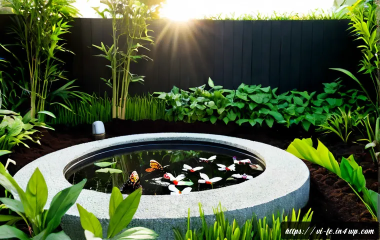 Home 17 곤충 친화 정원 설계와 토양 건강 - Photorealistic Vietnamese home garden designed for beneficial insects, curved beds of native floweri...